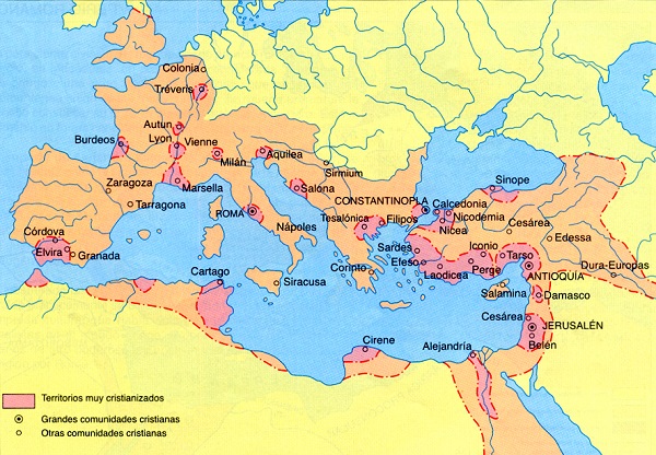 Mapa en el que aparecen las ciudades que fueron sedes de los primeros concilios Ecuménicos: Nicea, Efeso, Calcedonia